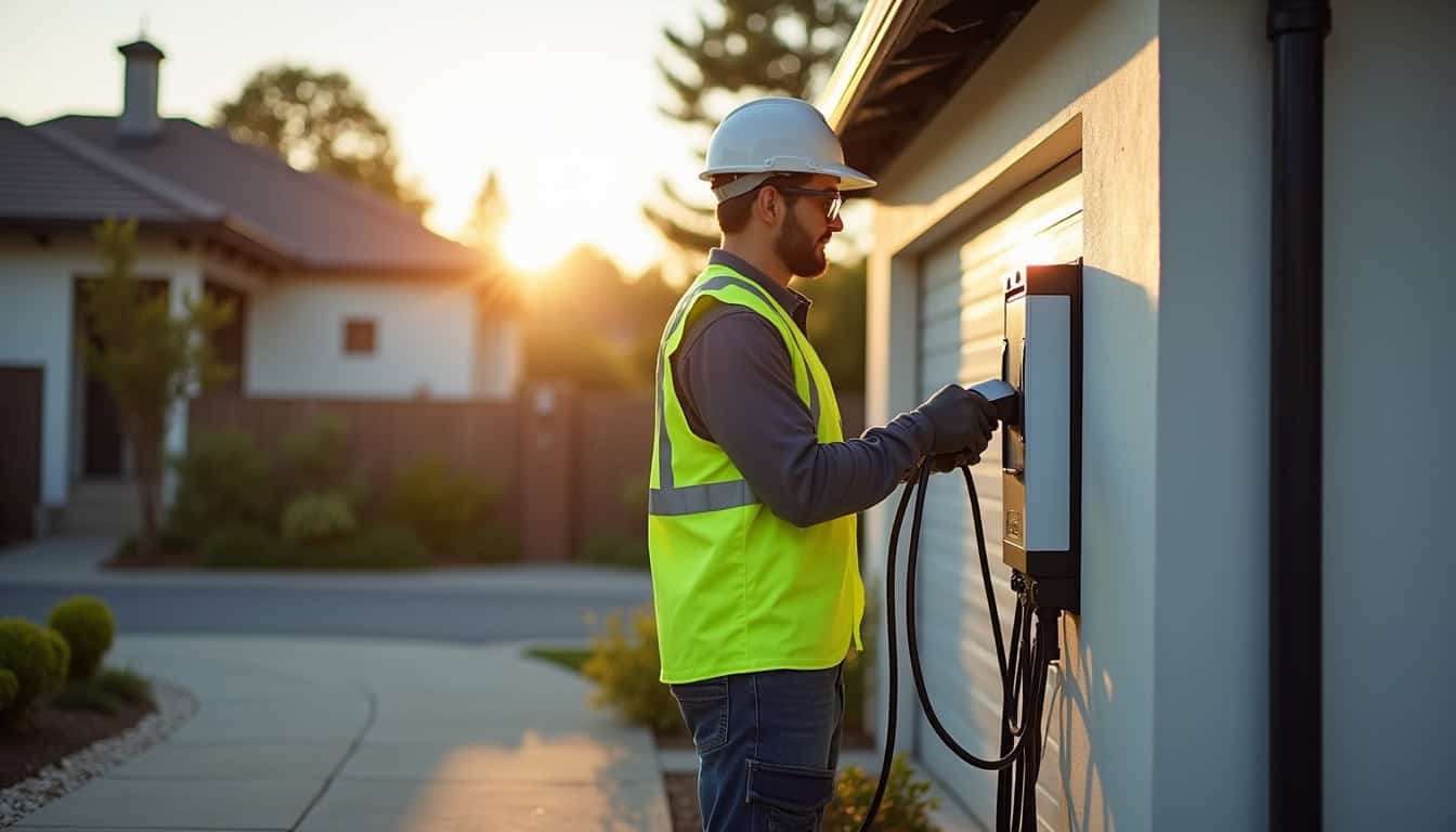 Technicien en train d’installer une borne de recharge à l’extérieur d’un domicile