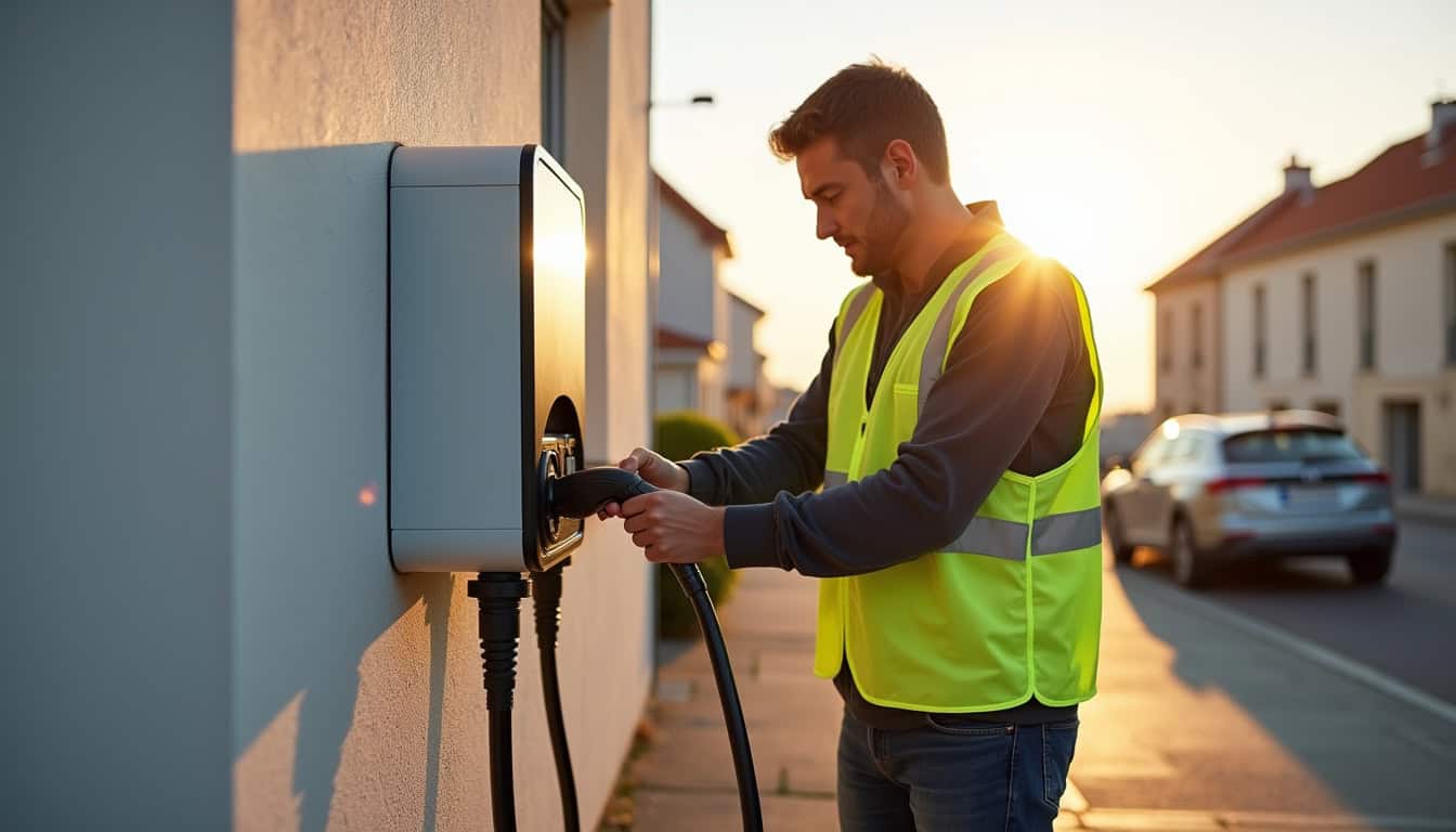 Technicien en train d'installer une borne de recharge à Loon-Plage