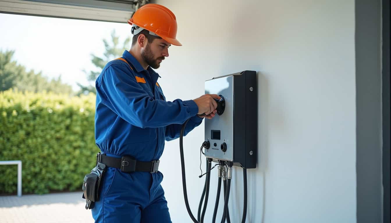 Technicien en train d'installer une borne de recharge à Marquette-lez-Lille