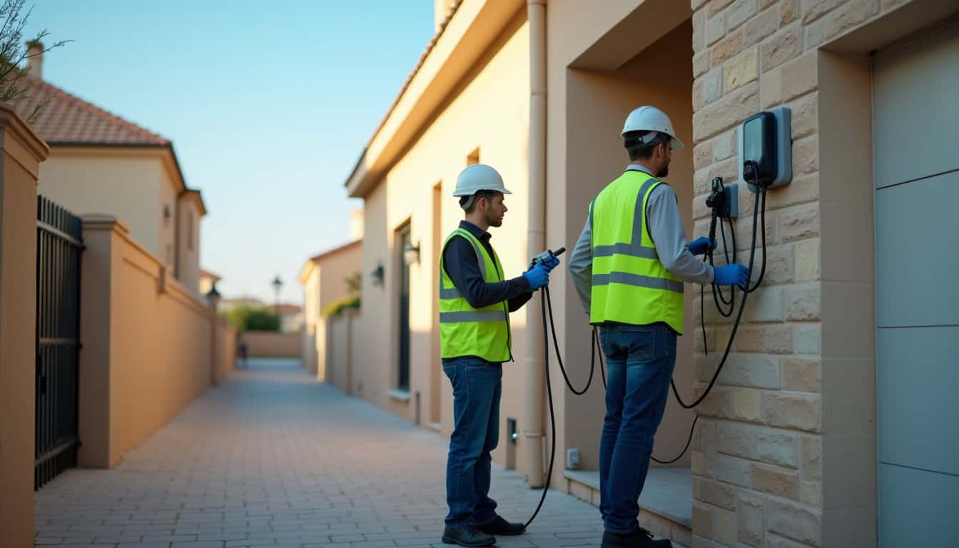 Technicien en train d'installer une borne de recharge à Marsas