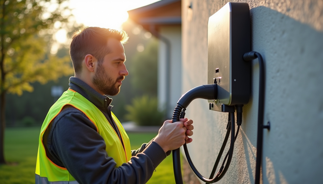 Technicien en train d’installer une borne de recharge à Montmirail