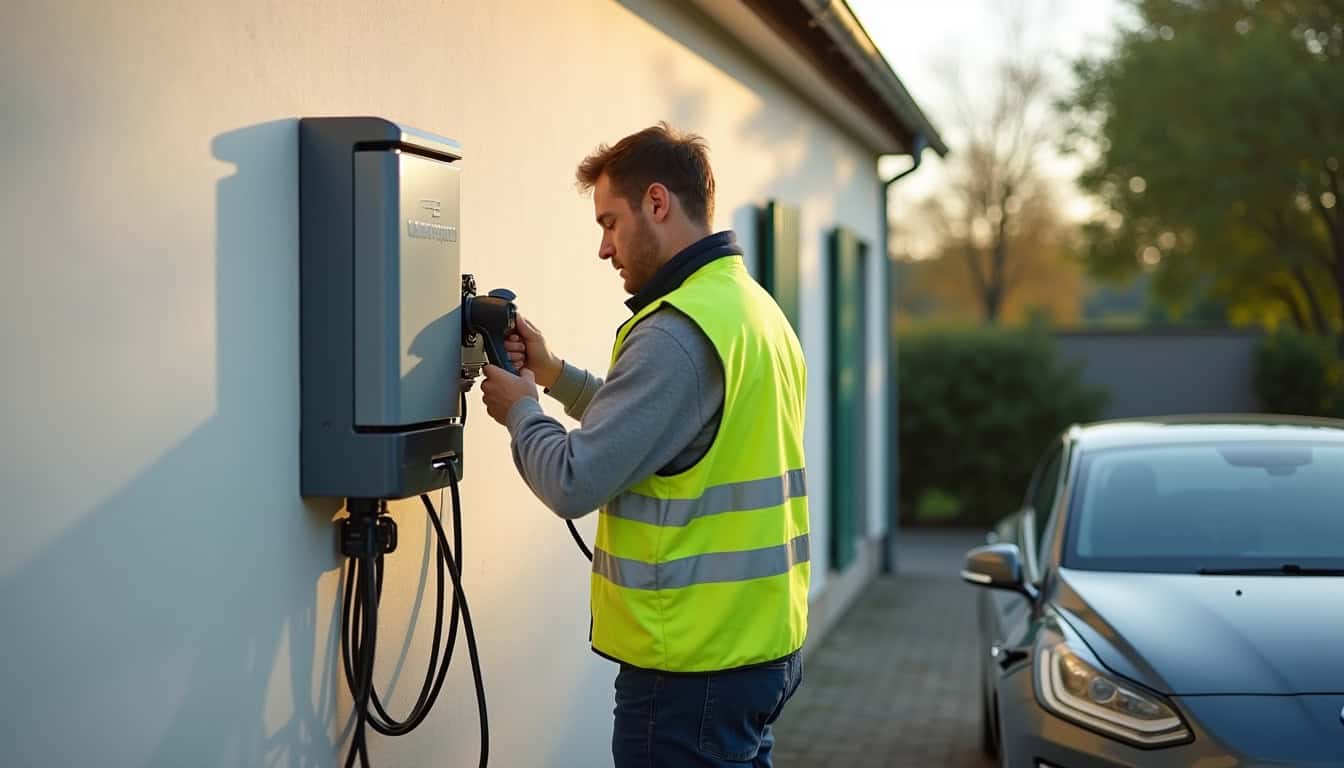 Technicien en train d’installer une borne de recharge à Moulins-lès-Metz