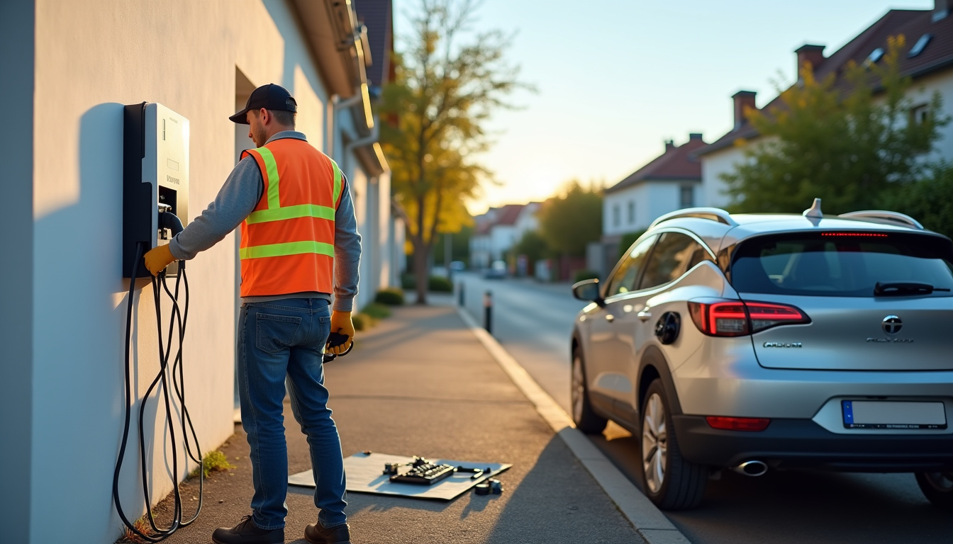 Technicien en train d'installer une borne de recharge à Nortkerque