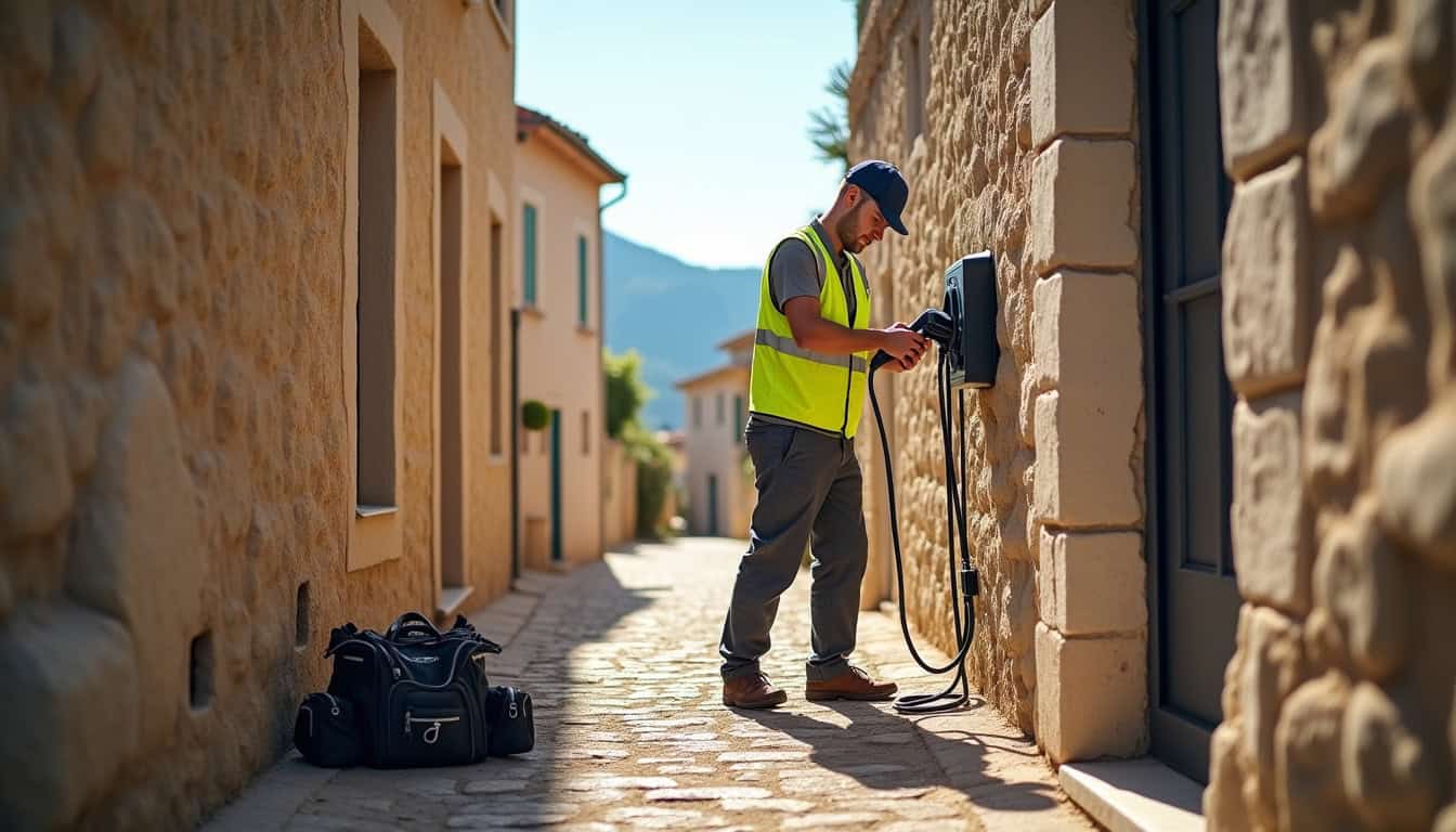 Technicien en train d'installer une borne de recharge à Pia