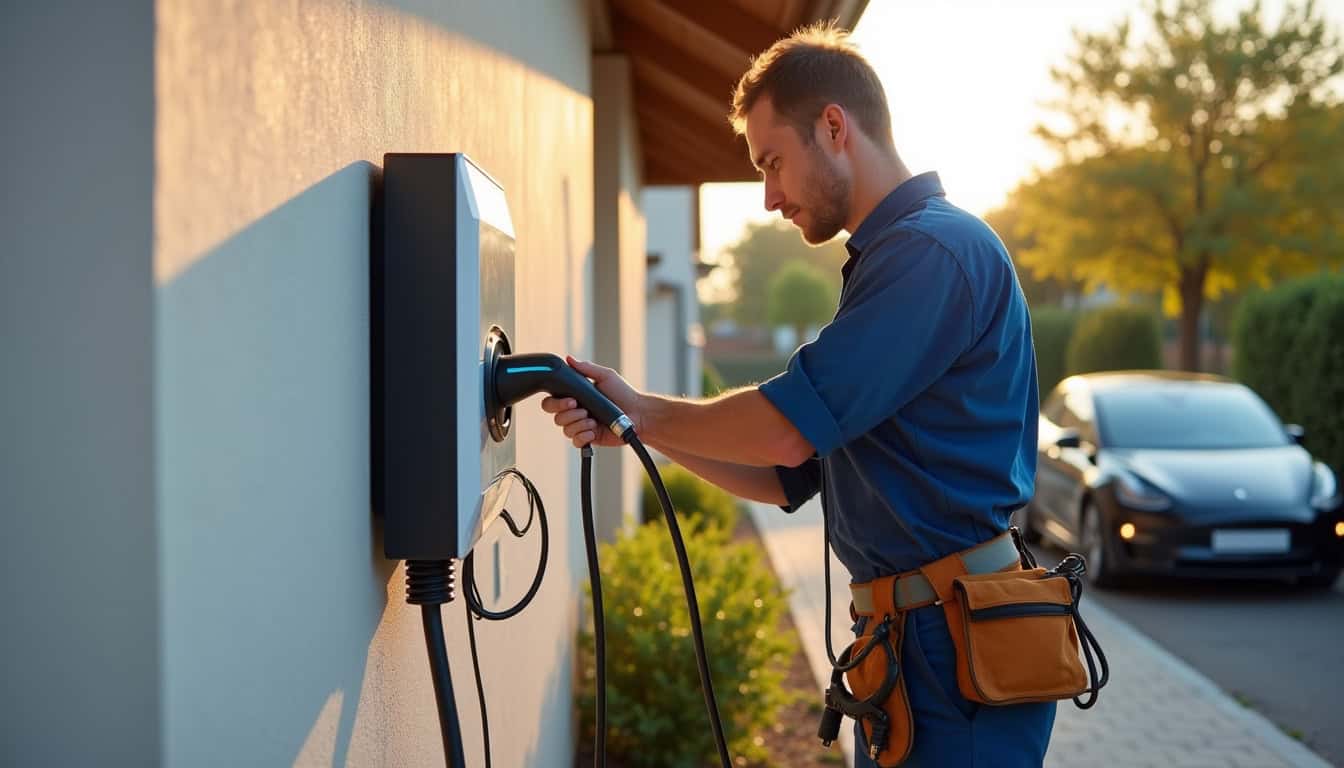 Technicien en train d'installer une borne de recharge à Pignan