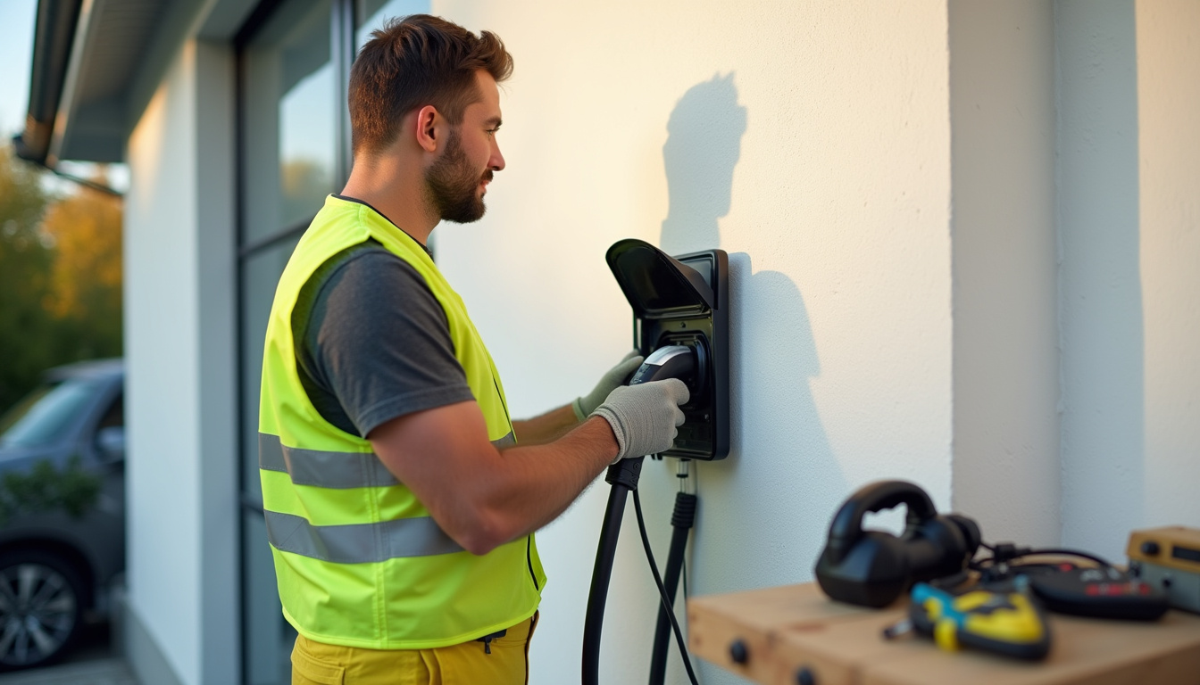 Technicien en train d'installer une borne de recharge à Reiningue