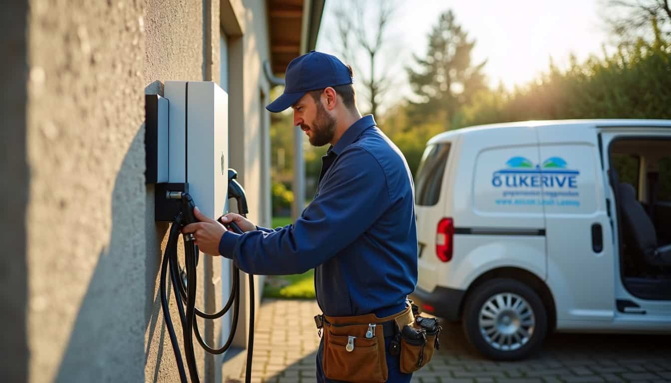 Technicien en train d'installer une borne de recharge à Rosières-près-Troyes