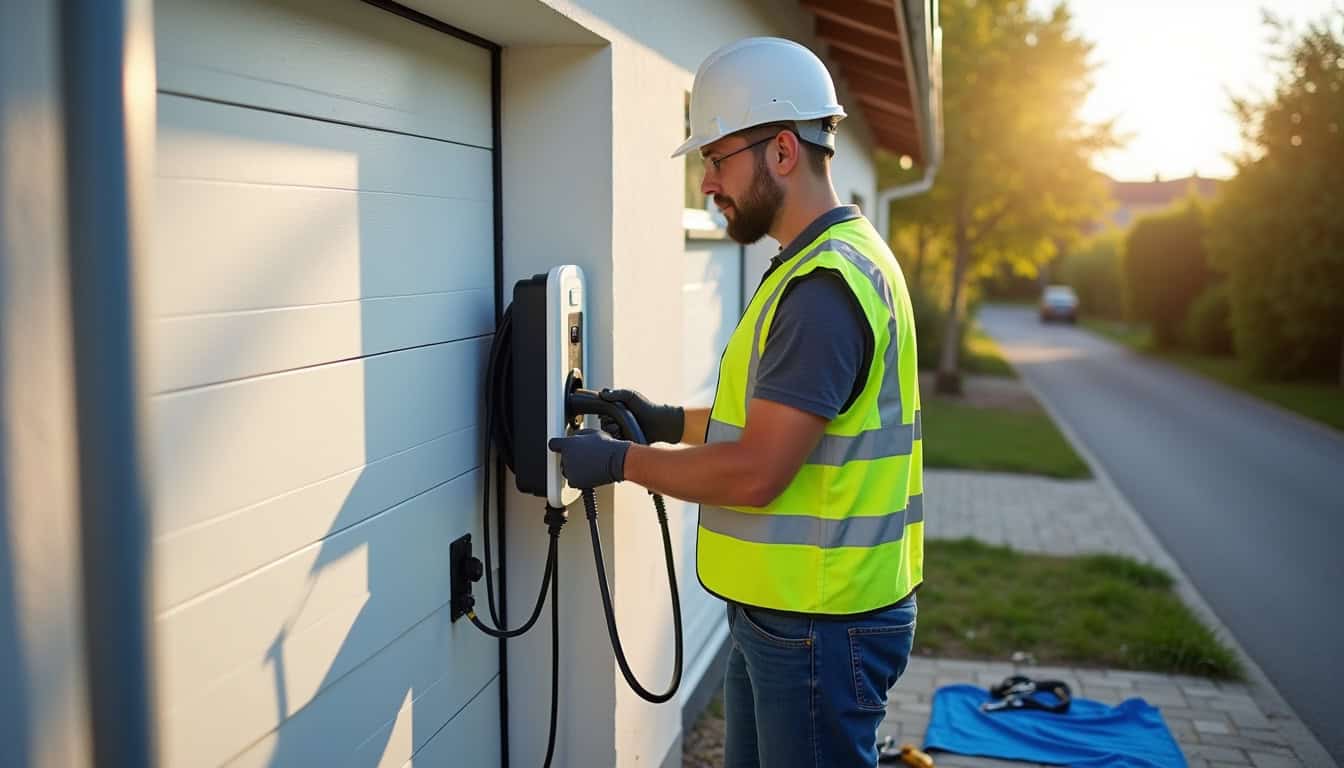 Technicien en train d'installer une borne de recharge à Saint-Laurent-Médoc