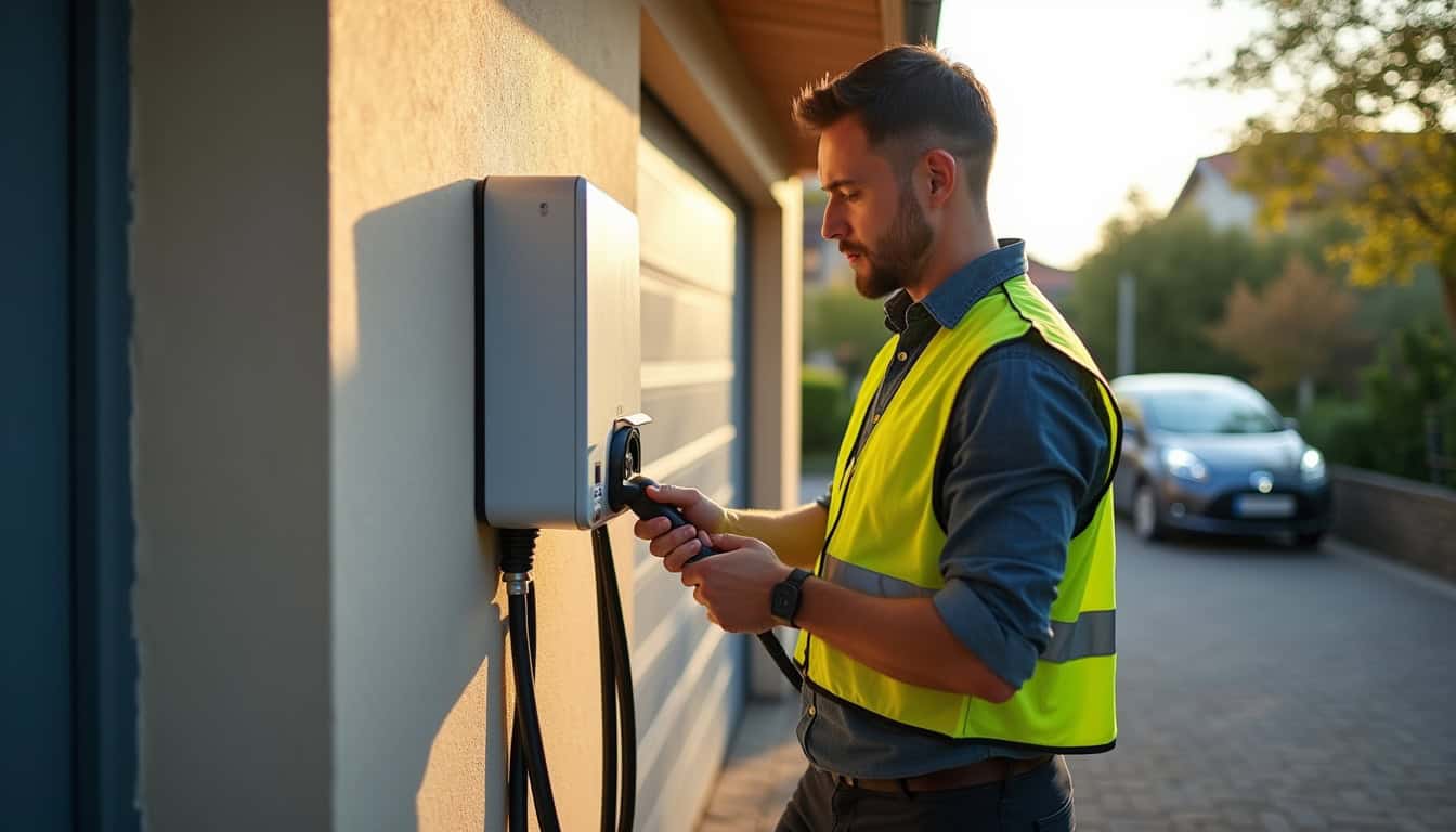 Technicien en train d'installer une borne de recharge à Saint-Nabord