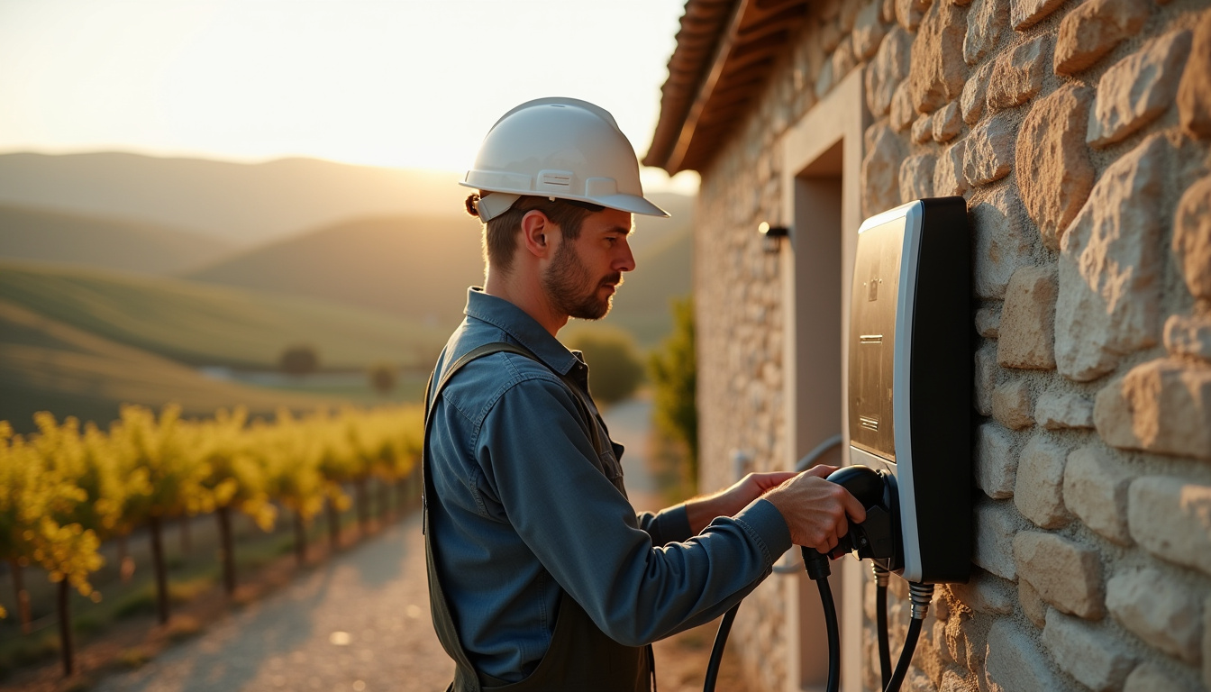 Technicien en train d'installer une borne de recharge à Saint-Romain-d'Ay