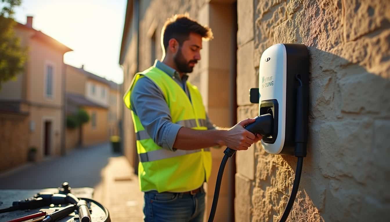 Technicien en train d'installer une borne de recharge à Saint-Saturnin-lès-Avignon