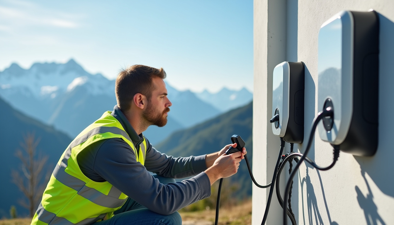 Technicien en train d'installer une borne de recharge à Sainte-Hélène-sur-Isère