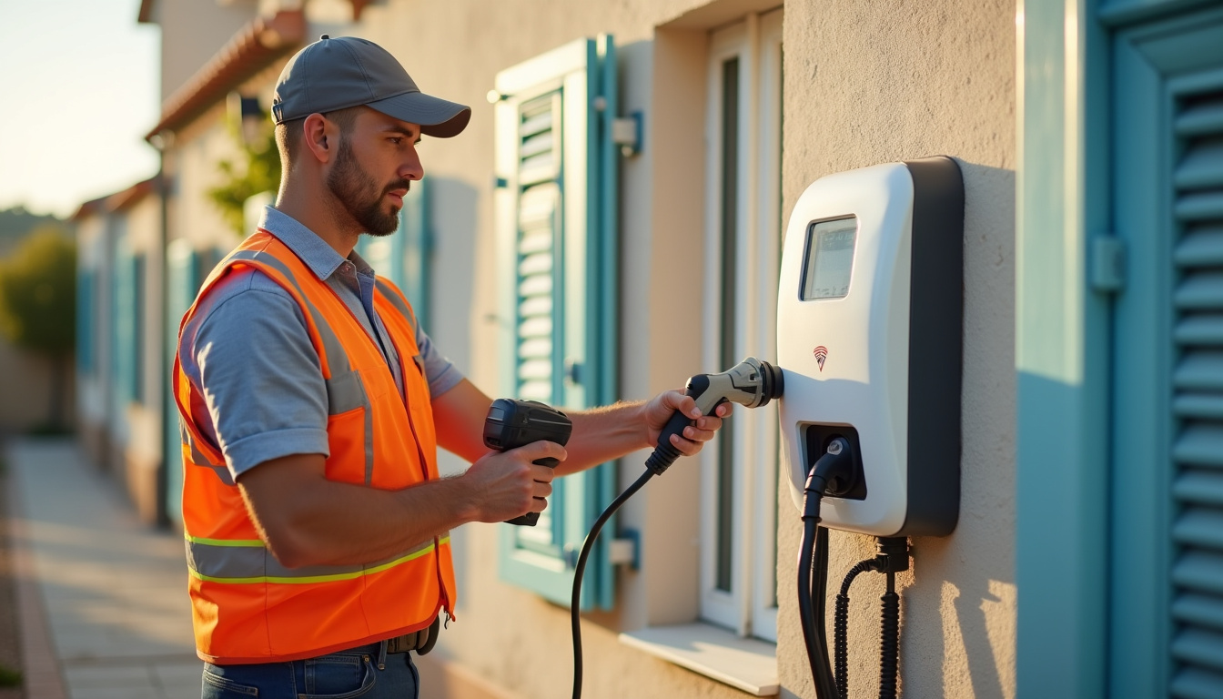 Technicien en train d'installer une borne de recharge à Sanary-sur-mer