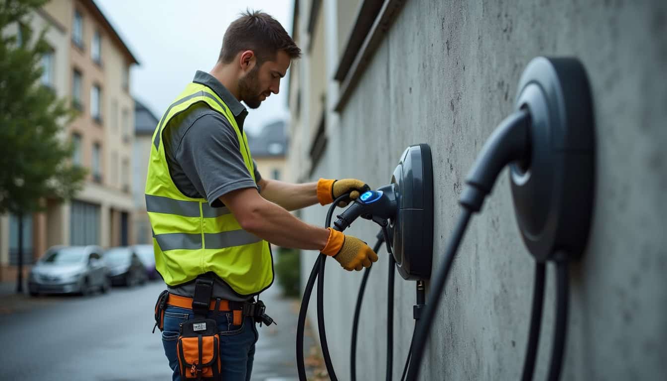 Technicien en train d'installer une borne de recharge à Ugine