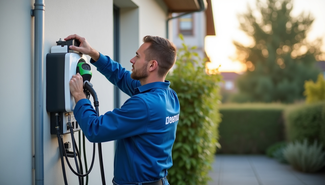 Technicien en train d'installer une borne de recharge à Véretz