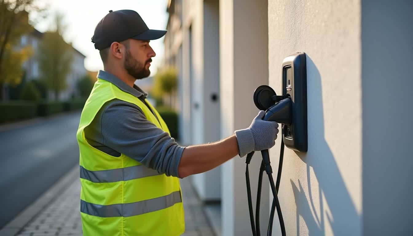 Technicien en train d'installer une borne de recharge certifiée IRVE à Chézy-sur-Marne