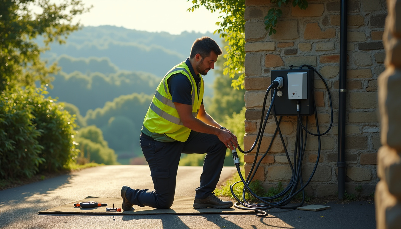 Technicien en train d'installer une borne de recharge dans les Ardennes