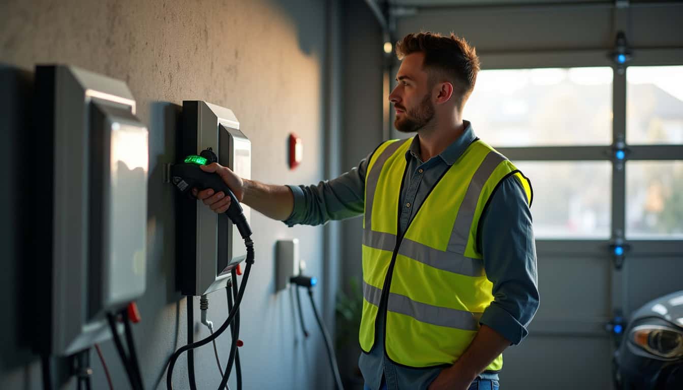 Technicien en train d’installer une borne de recharge dans un garage à Bélesta