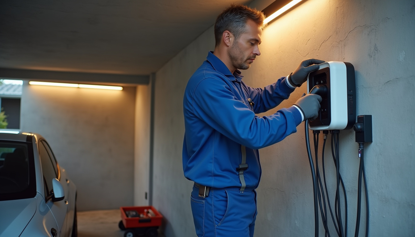 Technicien en train d'installer une borne de recharge dans un garage à Boulogne-Billancourt