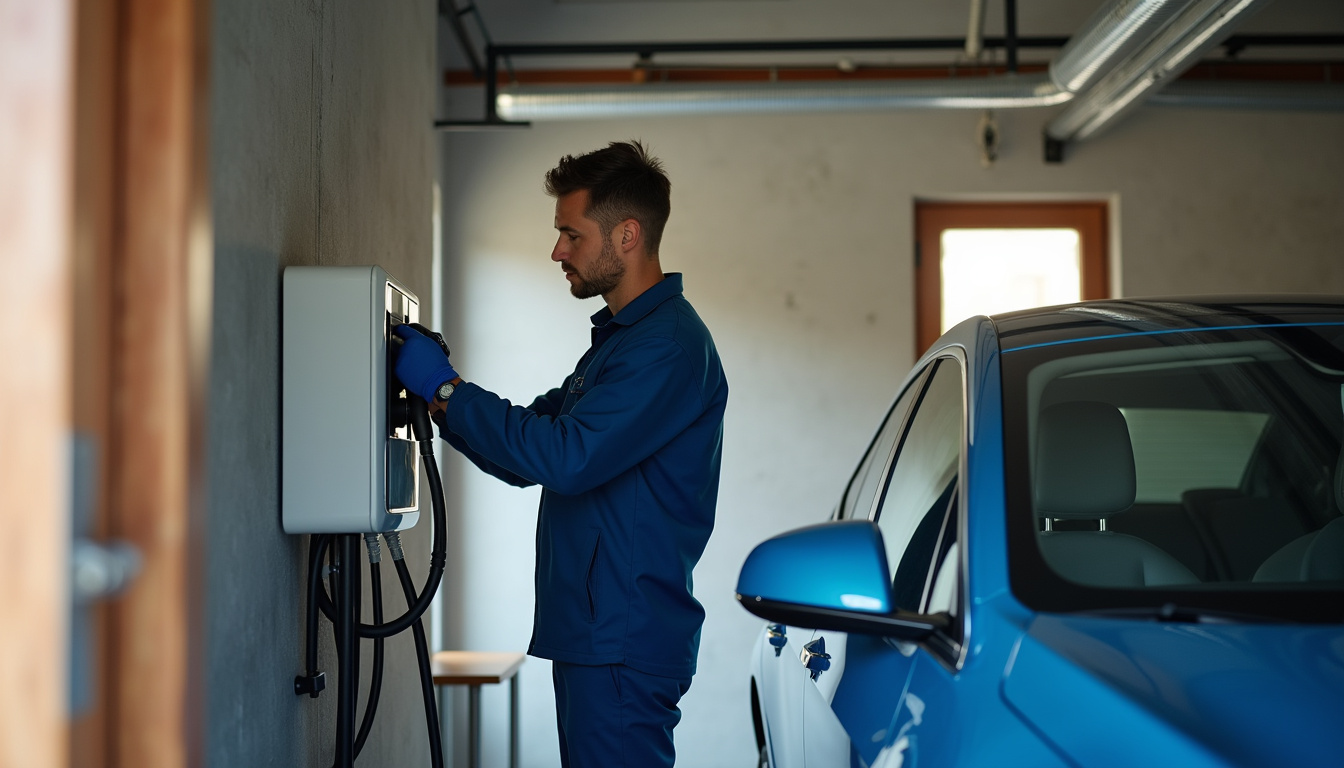 Technicien en train d’installer une borne de recharge dans un garage à Éguzon-Chantôme