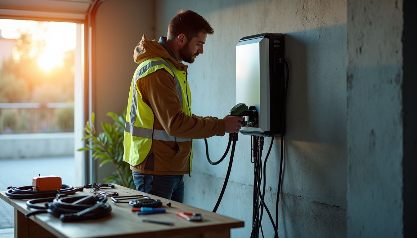 Technicien en train d’installer une borne de recharge dans un garage à Èze