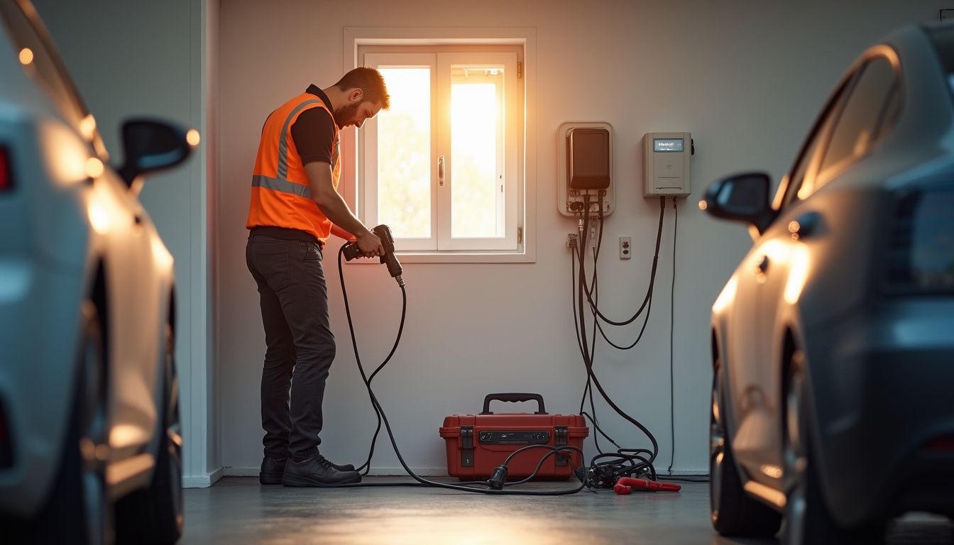 Technicien en train d'installer une borne de recharge dans un garage à Fontenay-le-marmion