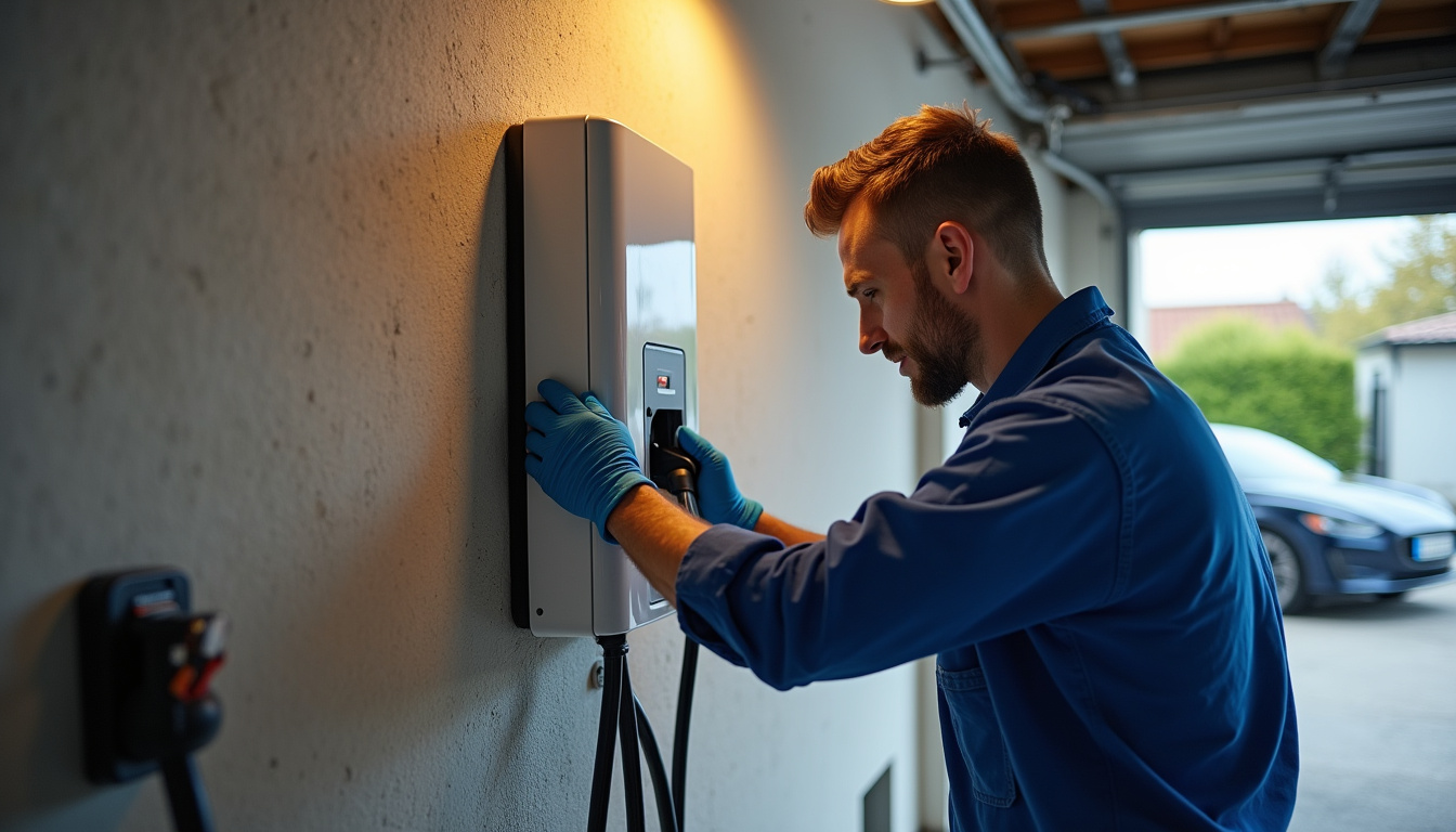 Technicien en train d’installer une borne de recharge dans un garage à Héricy