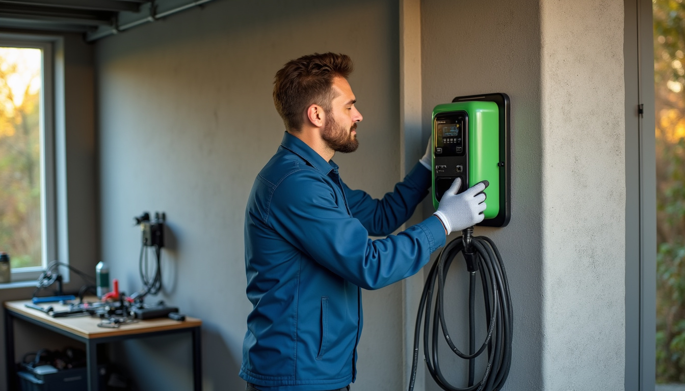 Technicien en train d'installer une borne de recharge dans un garage à Lunel