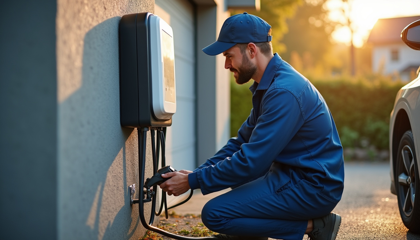 Technicien en train d'installer une borne de recharge dans un garage à Port-la-Nouvelle
