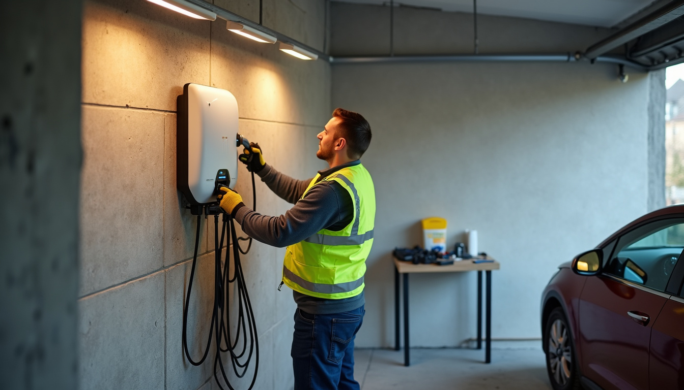 Technicien en train d'installer une borne de recharge dans un garage à Précy-sur-Oise