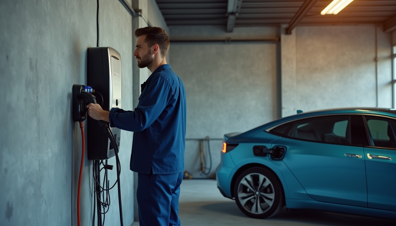 Technicien en train d’installer une borne de recharge dans un garage à Saint-Denis-d'Anjou