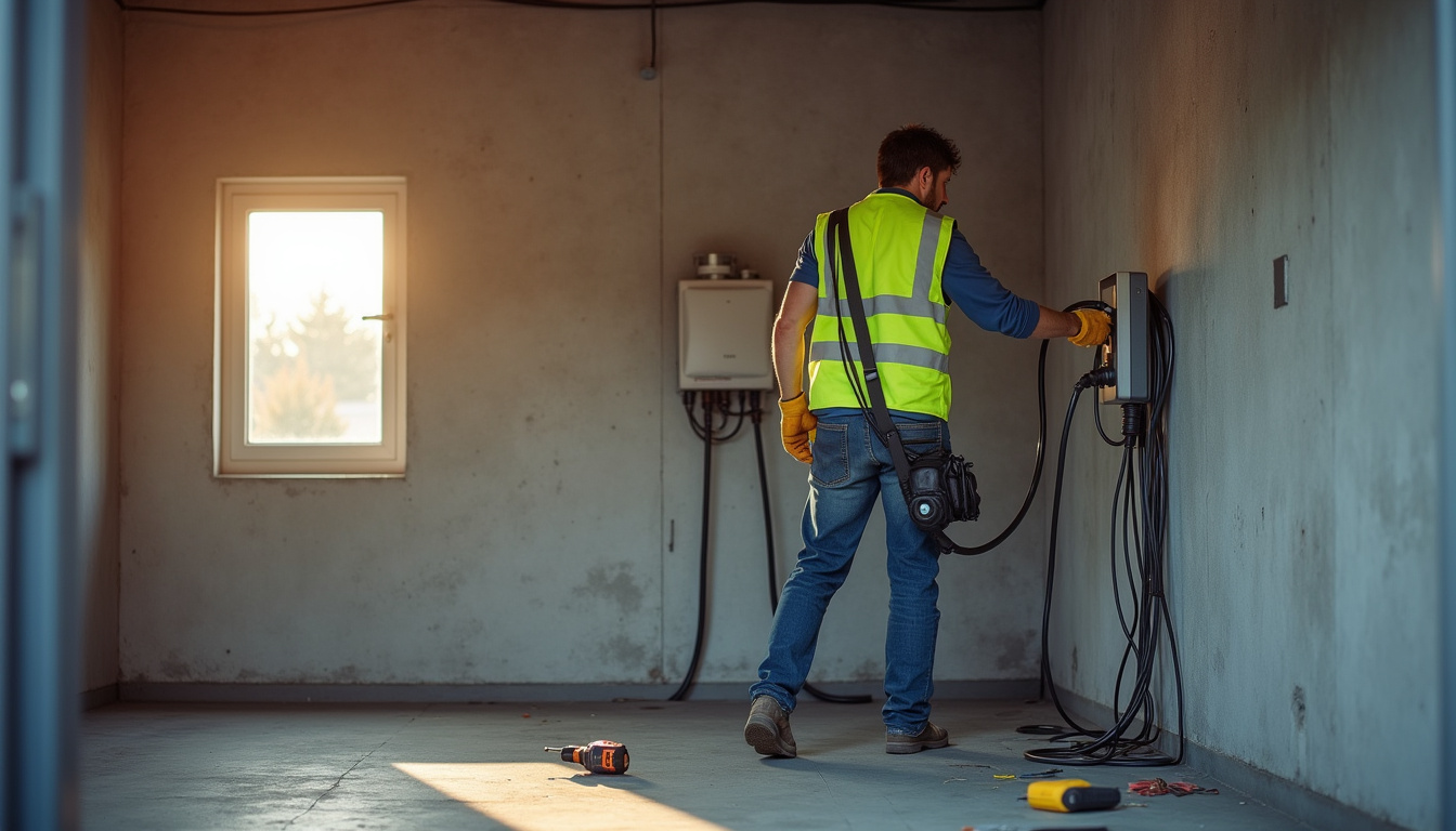 Technicien en train d’installer une borne de recharge dans un garage à Saint-Nazaire-les-Eymes