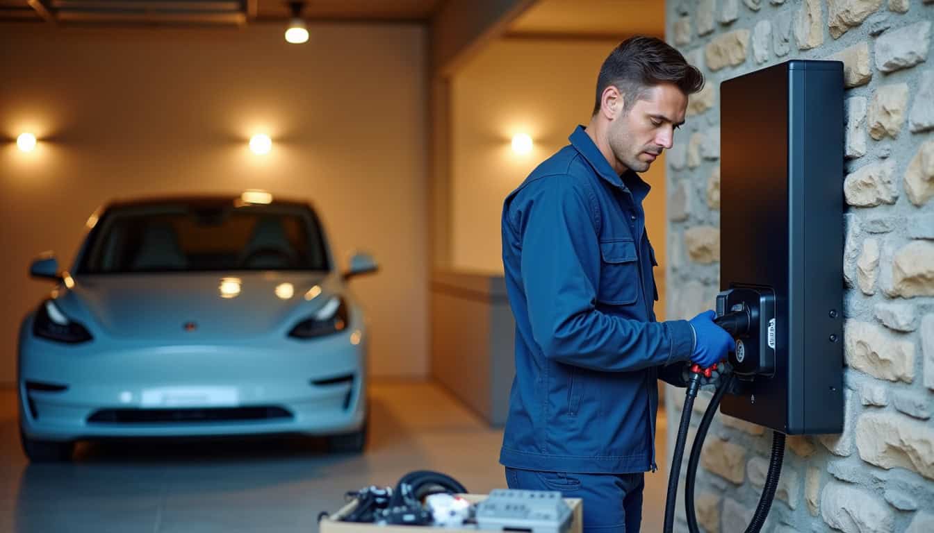 Technicien en train d'installer une borne de recharge dans un garage à Saint-Symphorien-sur-Coise