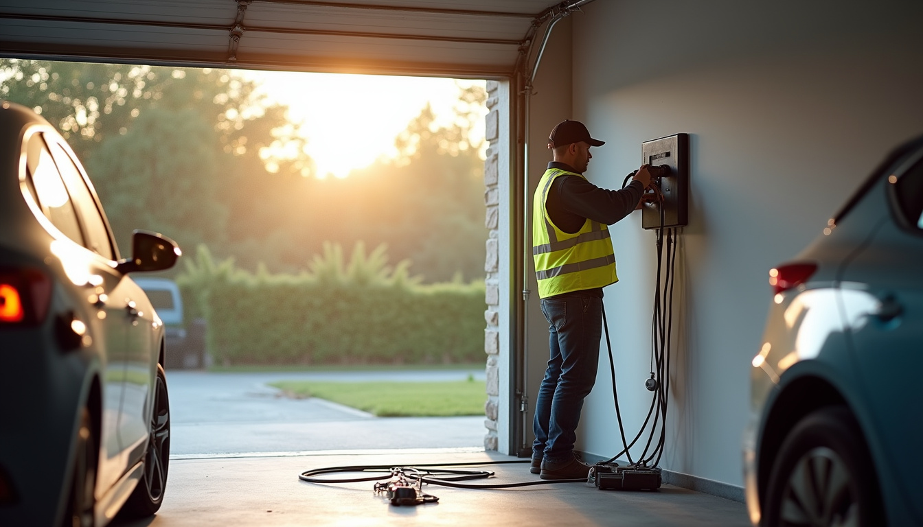 Technicien en train d'installer une borne de recharge dans un garage privé à Craponne-sur-Arzon