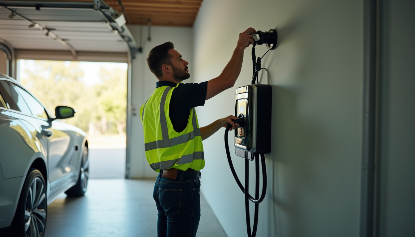 Technicien en train d’installer une borne de recharge dans un garage privé