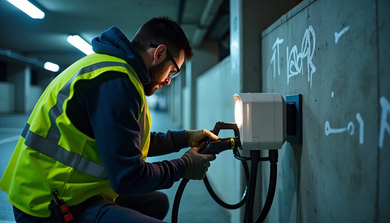 Technicien en train d’installer une borne de recharge dans un parking de copropriété à Bagnolet