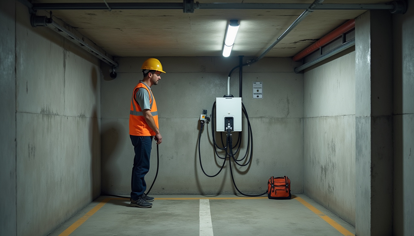 Technicien en train d'installer une borne de recharge dans un parking de copropriété à Marmande