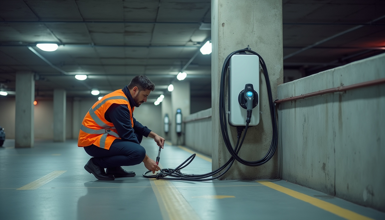 Technicien en train d'installer une borne de recharge dans un parking d'une copropriété à Le Raincy