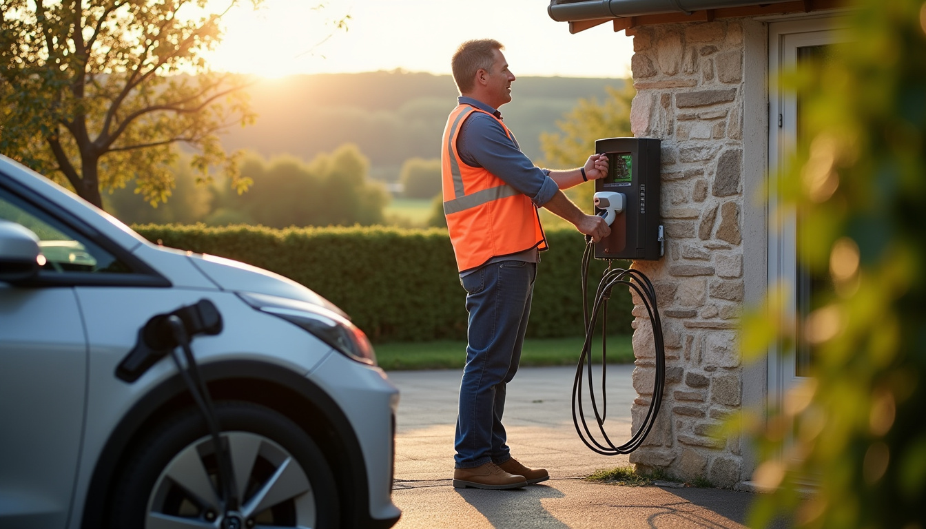 Technicien en train d’installer une borne de recharge dans un parking privé en Eure