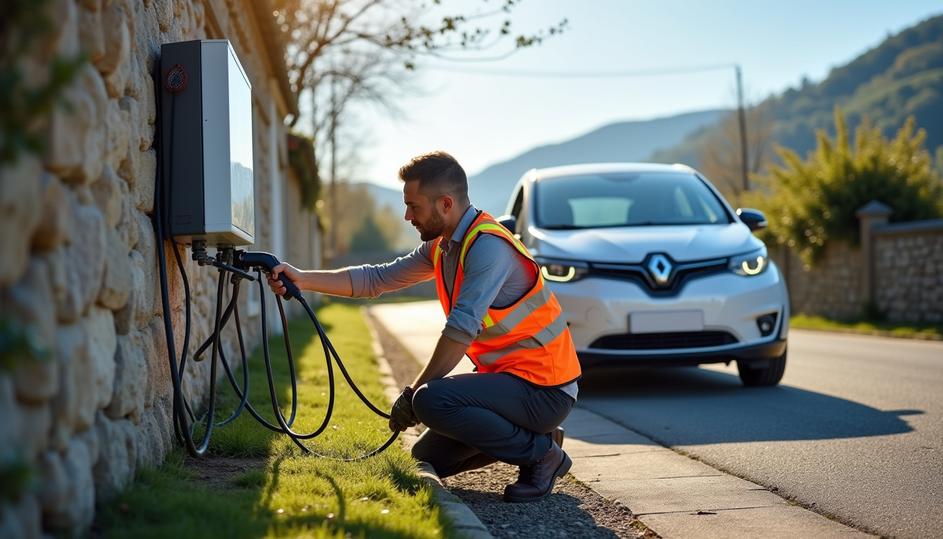 Technicien en train d'installer une borne de recharge dans une commune voisine de Saint-Romain-Lachalm