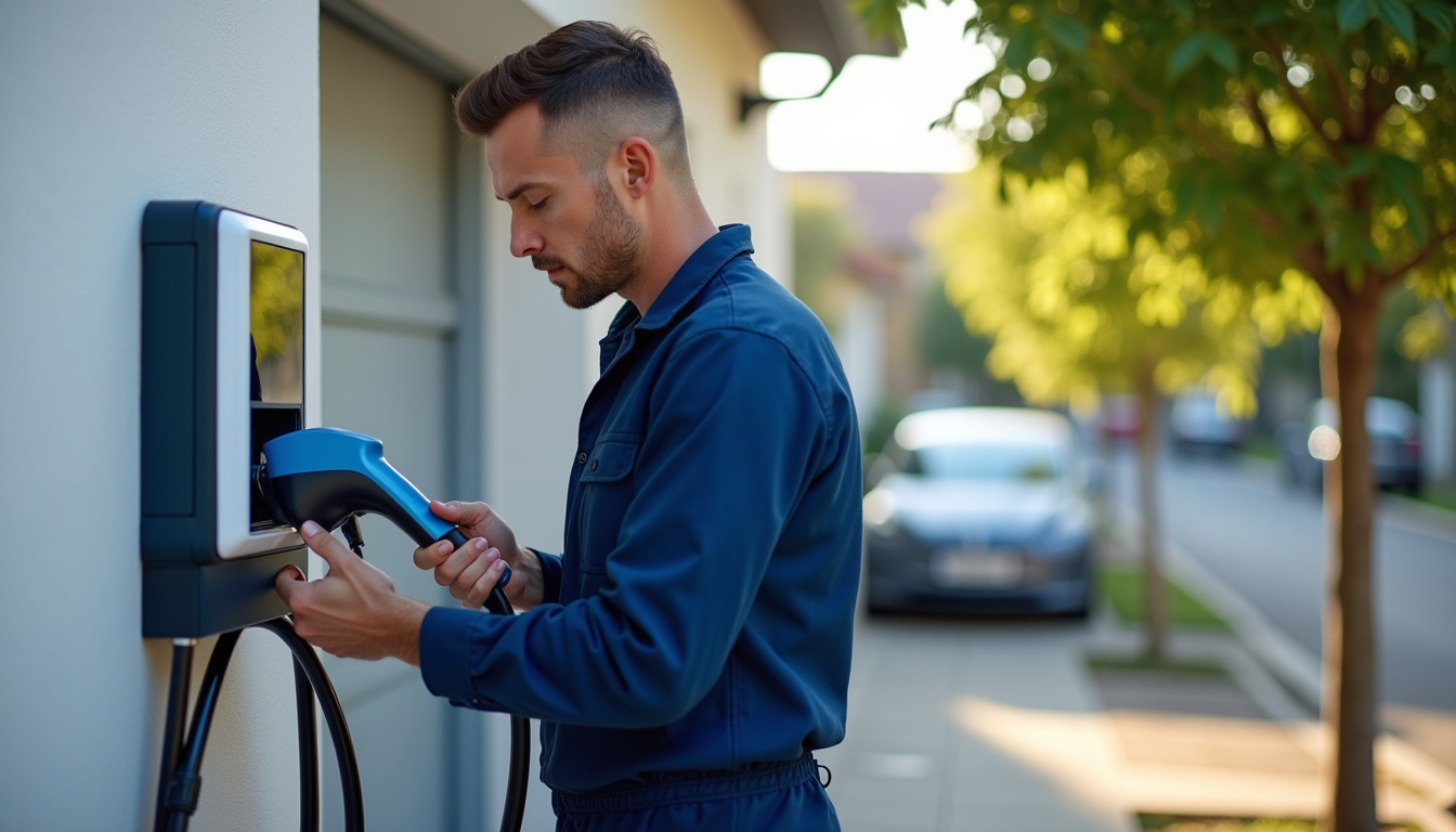 Technicien en train d'installer une borne de recharge dans une maison à Asnières-sur-Nouère