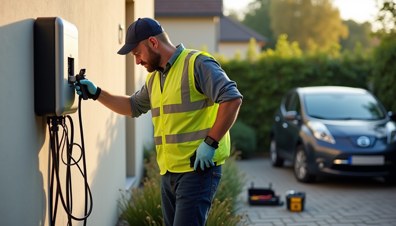 Technicien en train d'installer une borne de recharge dans une maison à Le Drennec