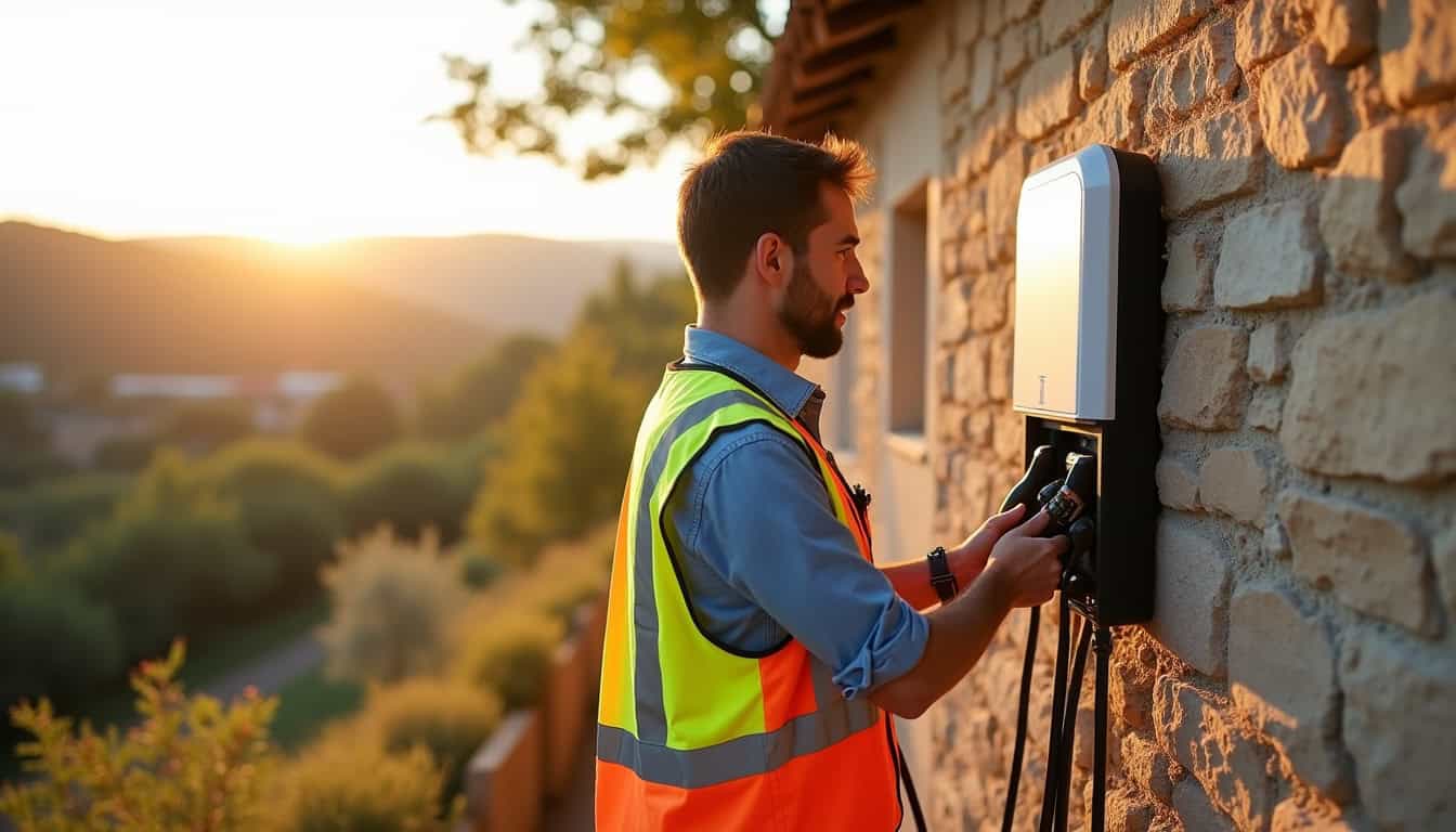 Technicien en train d'installer une borne de recharge dans une maison du Gard