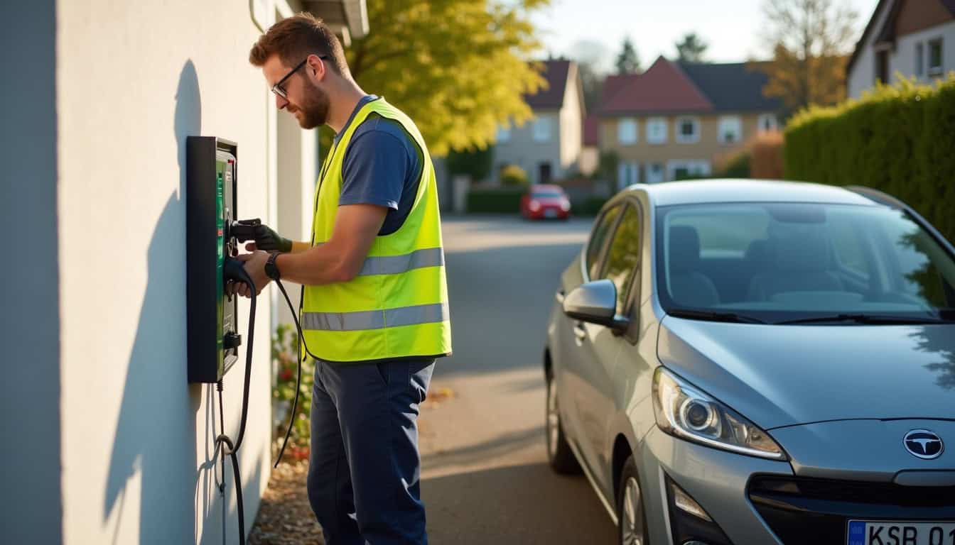 Technicien en train d'installer une borne de recharge électrique à Aillevillers-et-Lyaumont