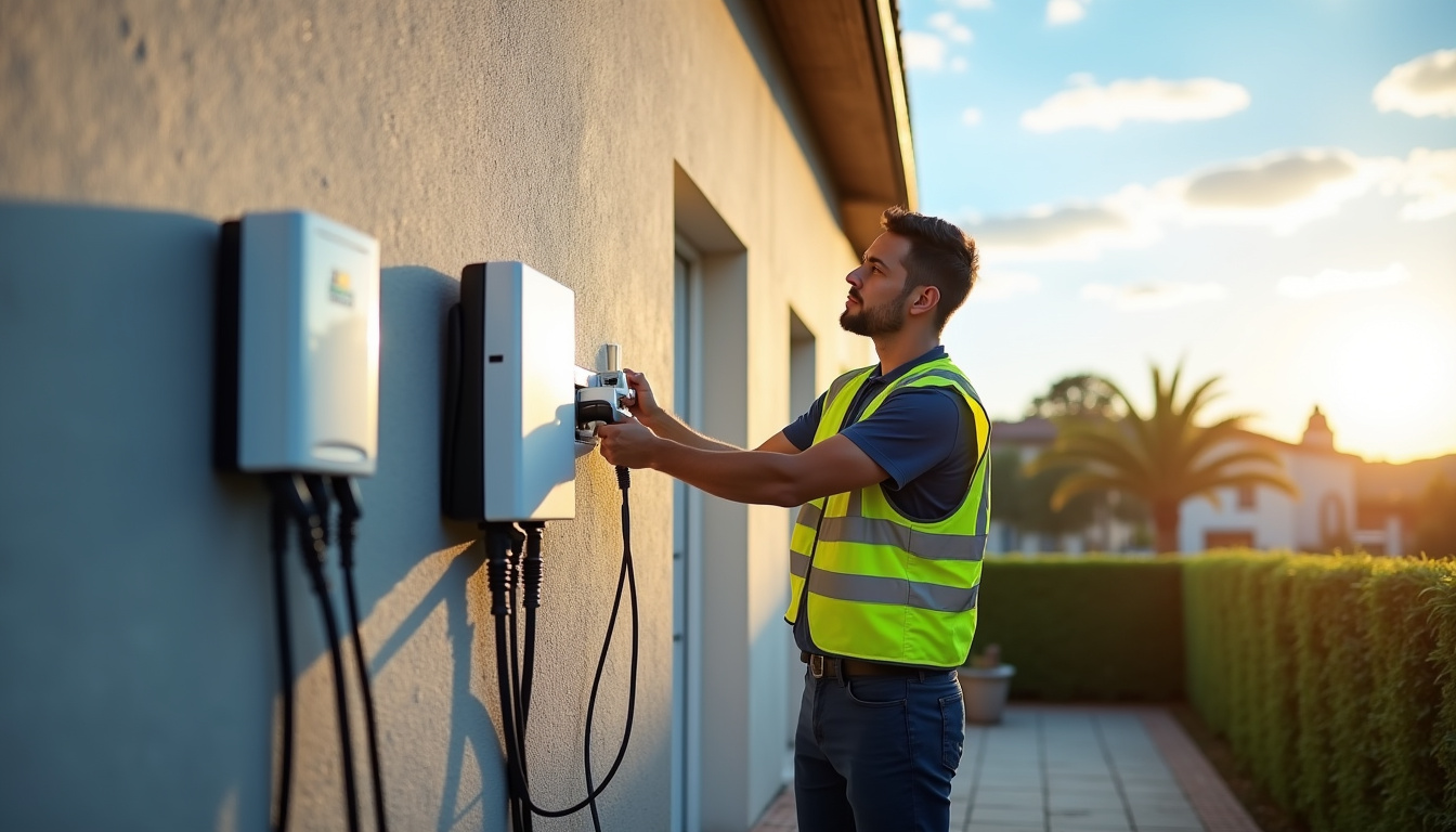 Technicien en train d'installer une borne de recharge électrique à Antibes