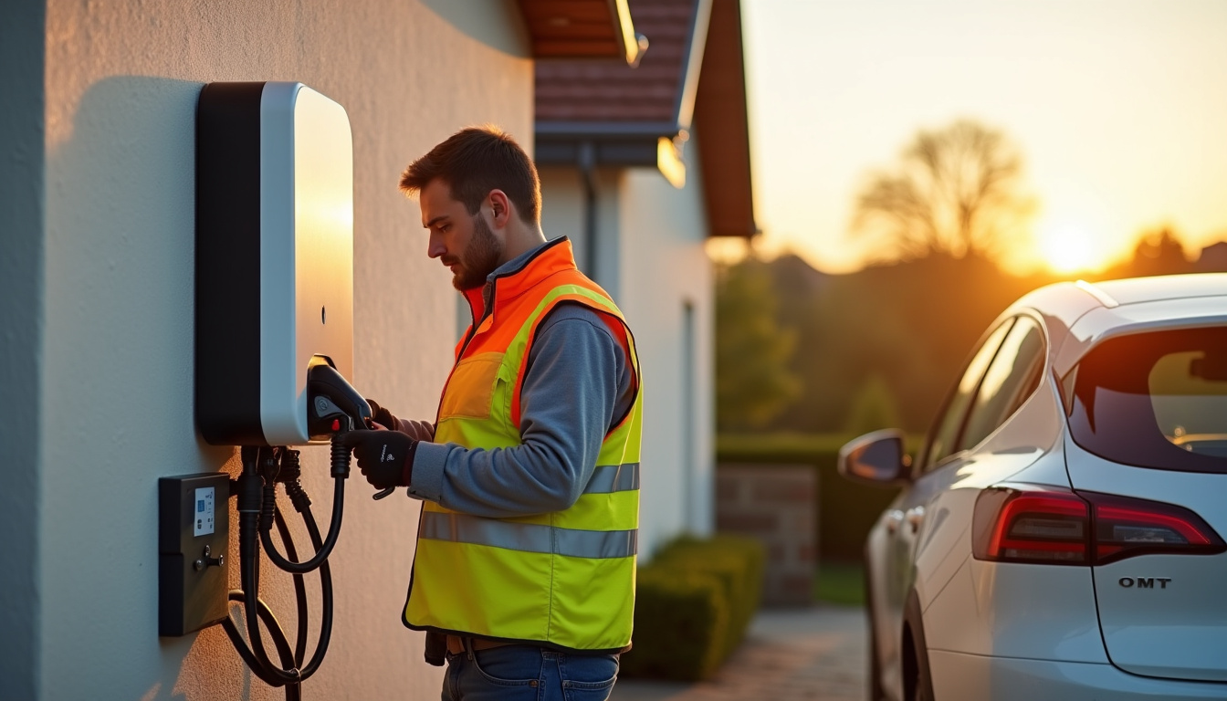 Technicien en train d'installer une borne de recharge électrique à Anzin-Saint-Aubin