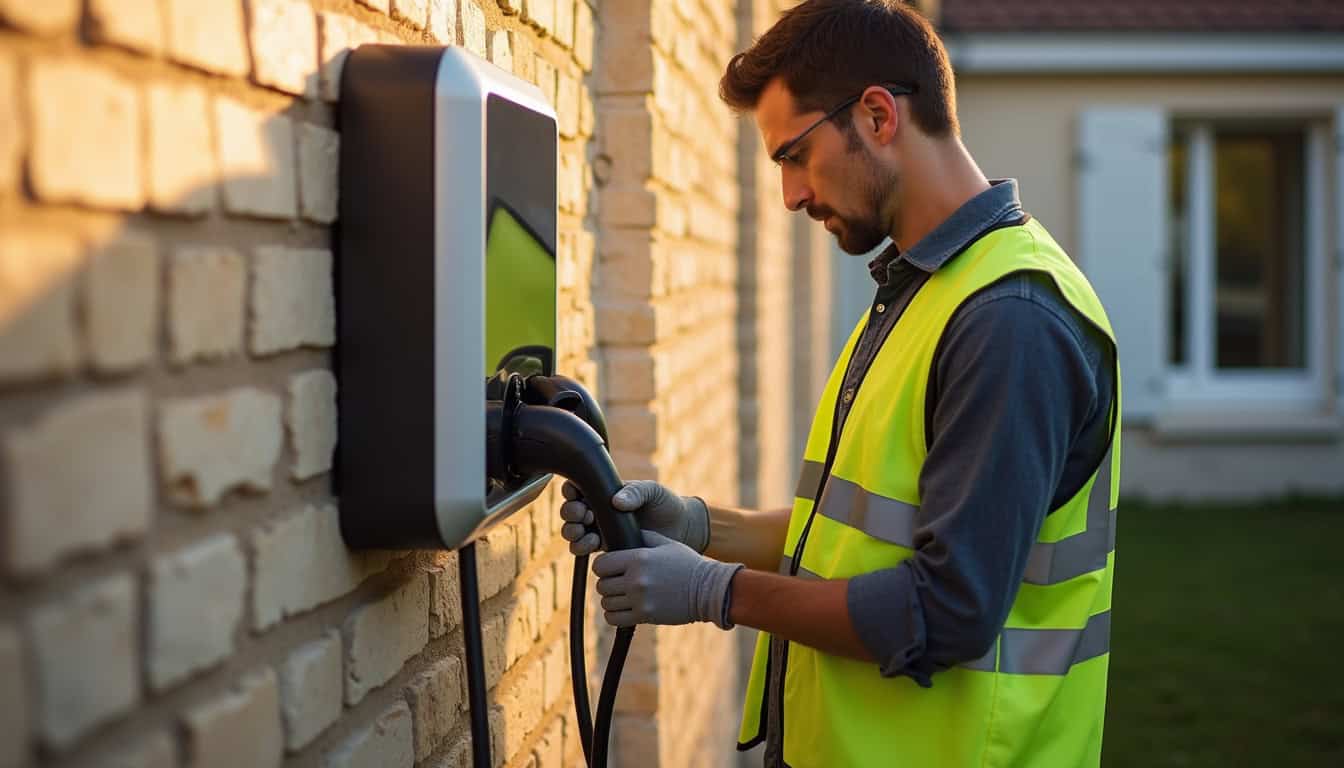 Technicien en train d'installer une borne de recharge électrique à Aubigny-sur-Nère