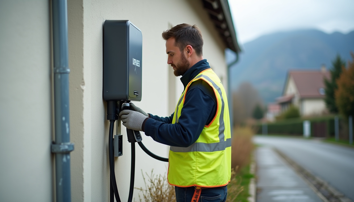 Technicien en train d’installer une borne de recharge électrique à Aurillac