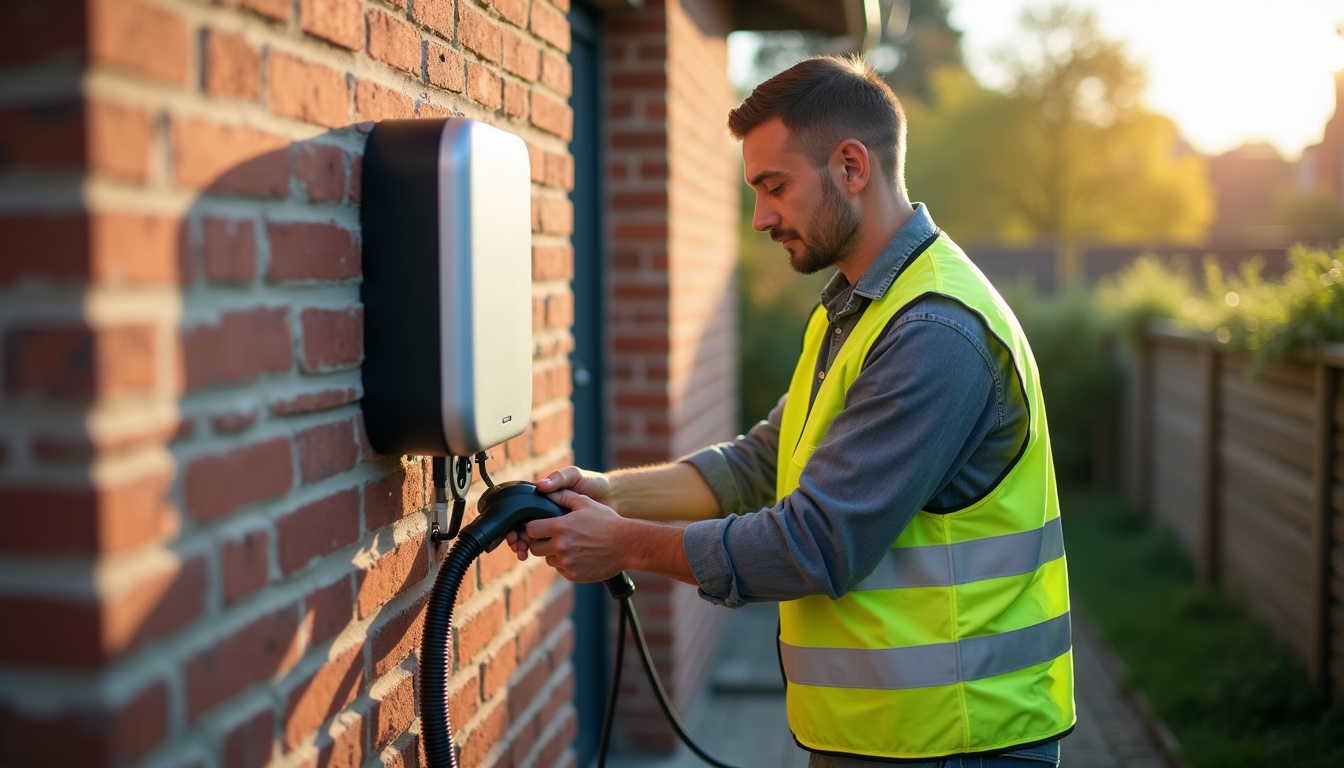 Technicien en train d'installer une borne de recharge électrique à Bazoges-en-Paillers