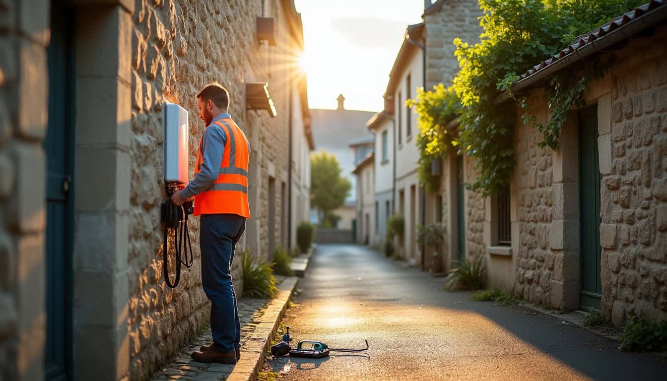 Technicien en train d'installer une borne de recharge électrique à Bernay
